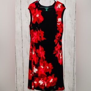 Black & red Ralph Lauren dress with ruched waist and large floral print.